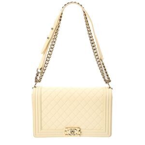Chanel Light Beige Quilted Caviar Leather New Medium Boy Flap (Authentic